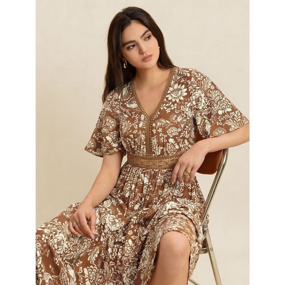 Cute Floral Ditsy Dress Nuetral Deep Tan Lace Waist Western Vibe Small - Picture 2 of 13